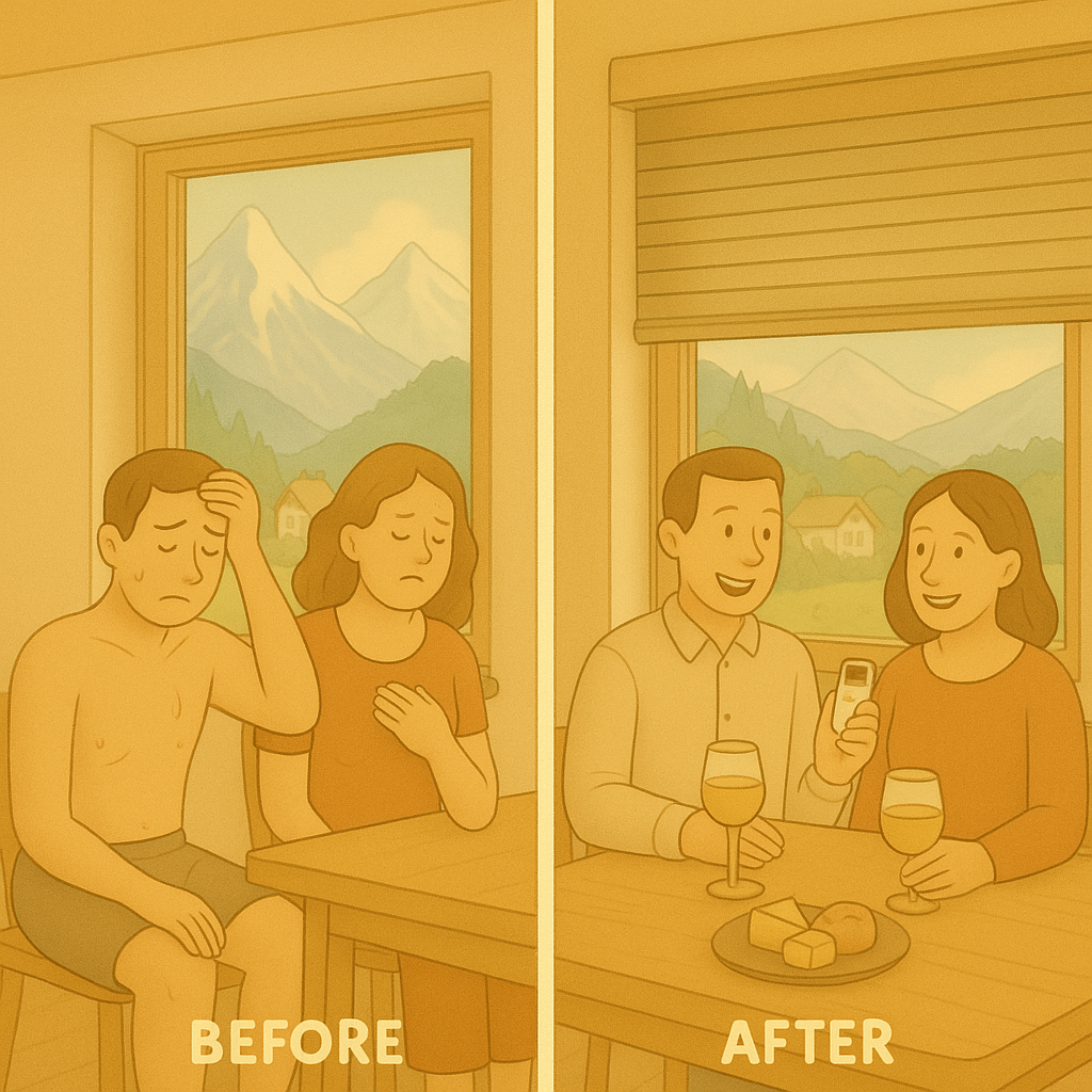 Avant/Après d'une maison en Isère ou Savoie, montrant des anciennes fenêtres remplacées par de nouvelles avec stores intégrés