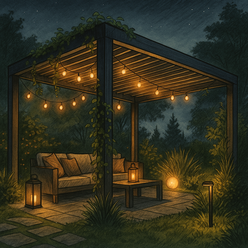 Pergola éclairée avec guirlande lumineuse et espace cosy canapé en Savoie