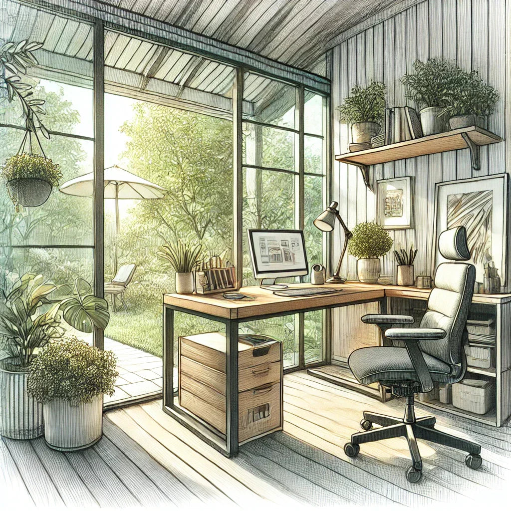 Bureau moderne aménagé dans une véranda, avec vue sur les montagnes des Alpes.