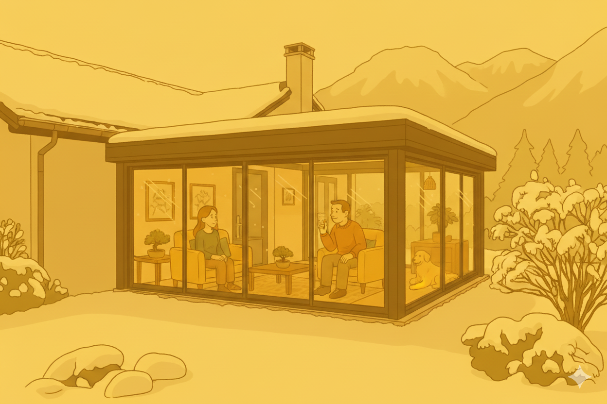 CalorGlass® : l'hiver au chaud dans votre véranda Concept Alu, même face au Mont-Blanc