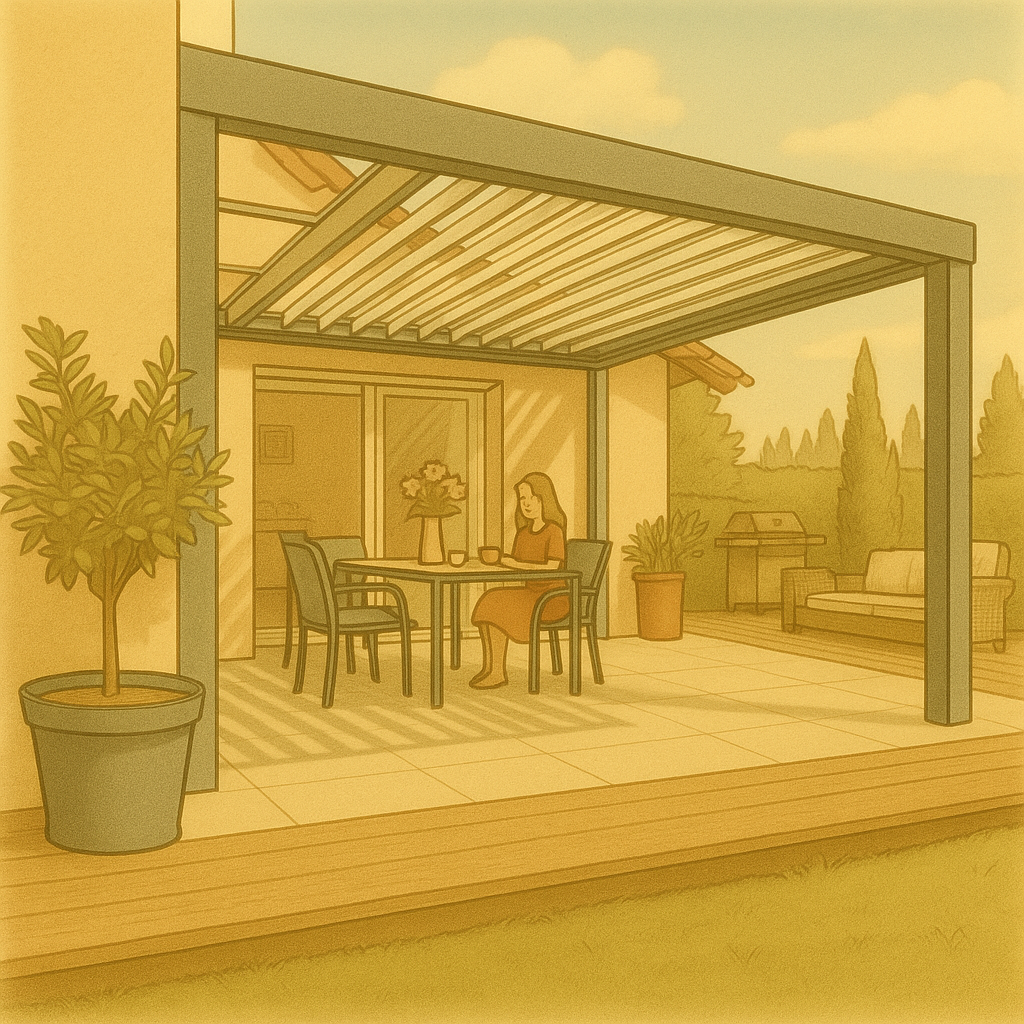 Pergola adossée avec une table pour prendre son petit-déjeuner