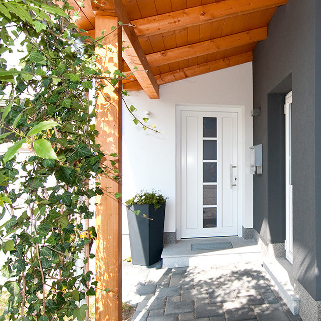 porte d'entrée bois avec jolie préau en bois